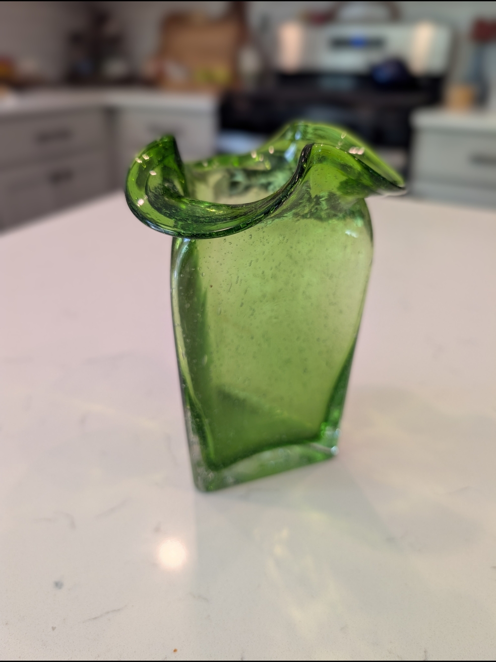 Hand Blown Foreside Green Art Glass Bud Vase with Ruffled Rim